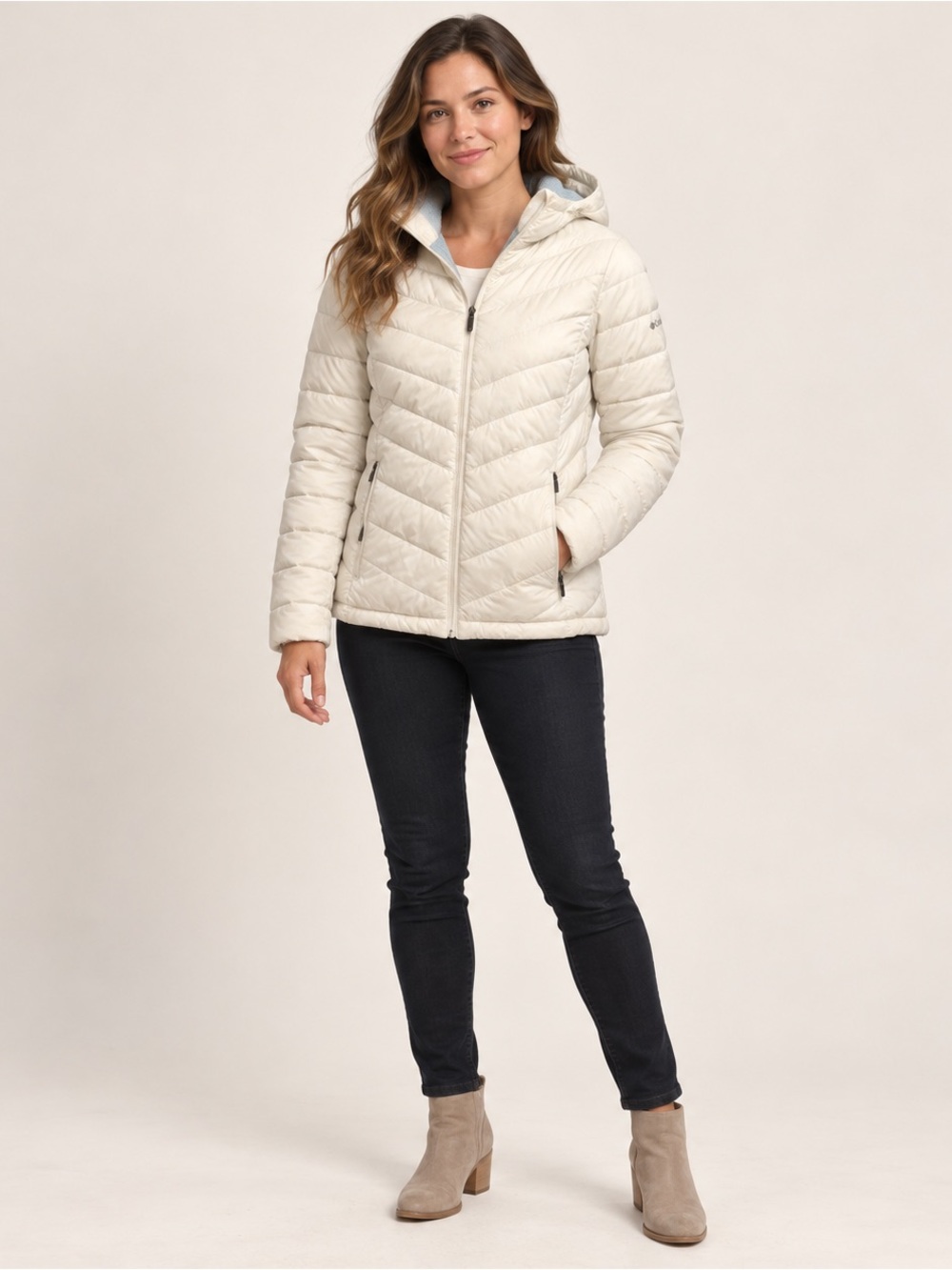 Columbia Omni-Heat Hooded Quilted Puffer Jacket Ivory Women’s M